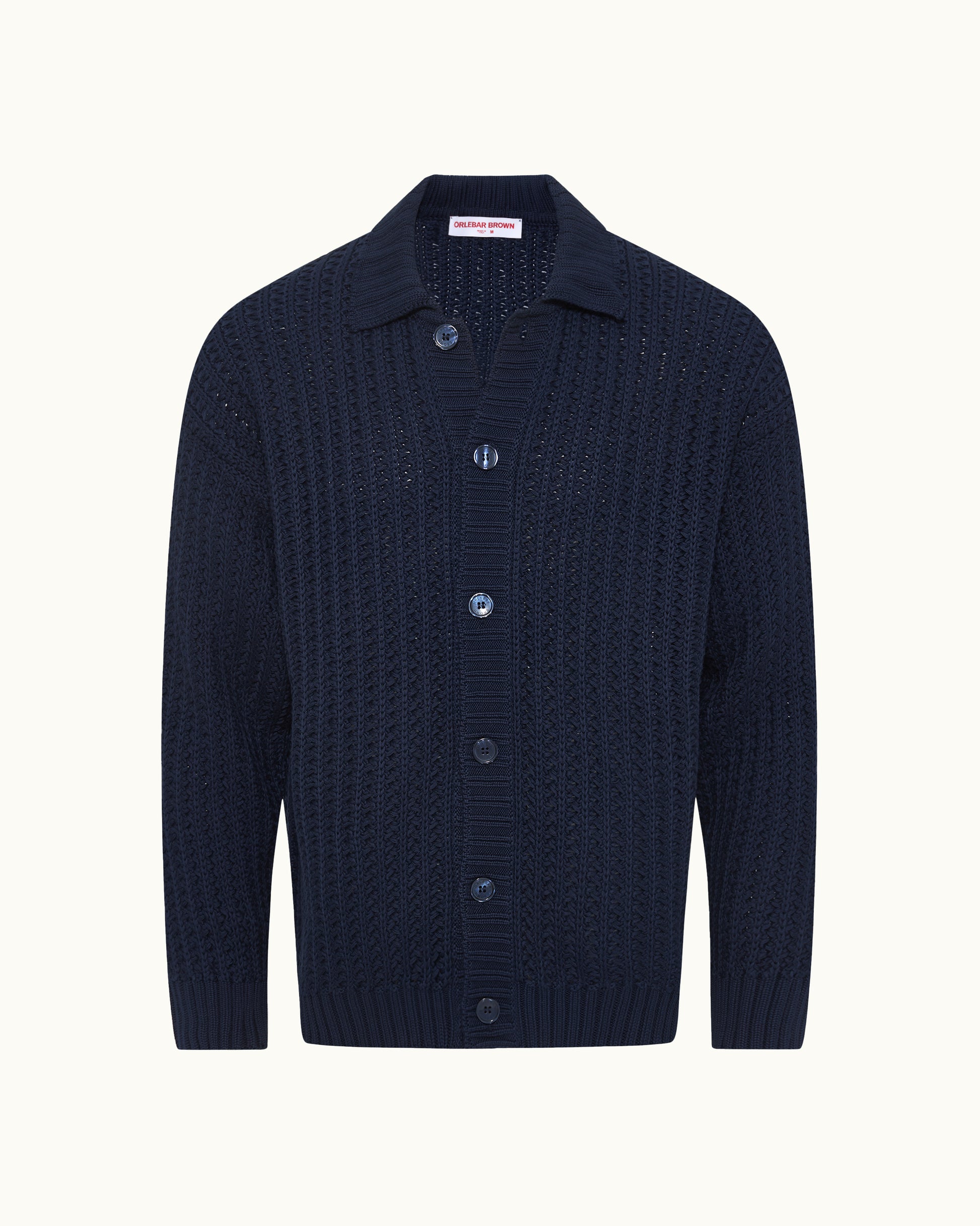 Navy blue textured cardigan on a white background