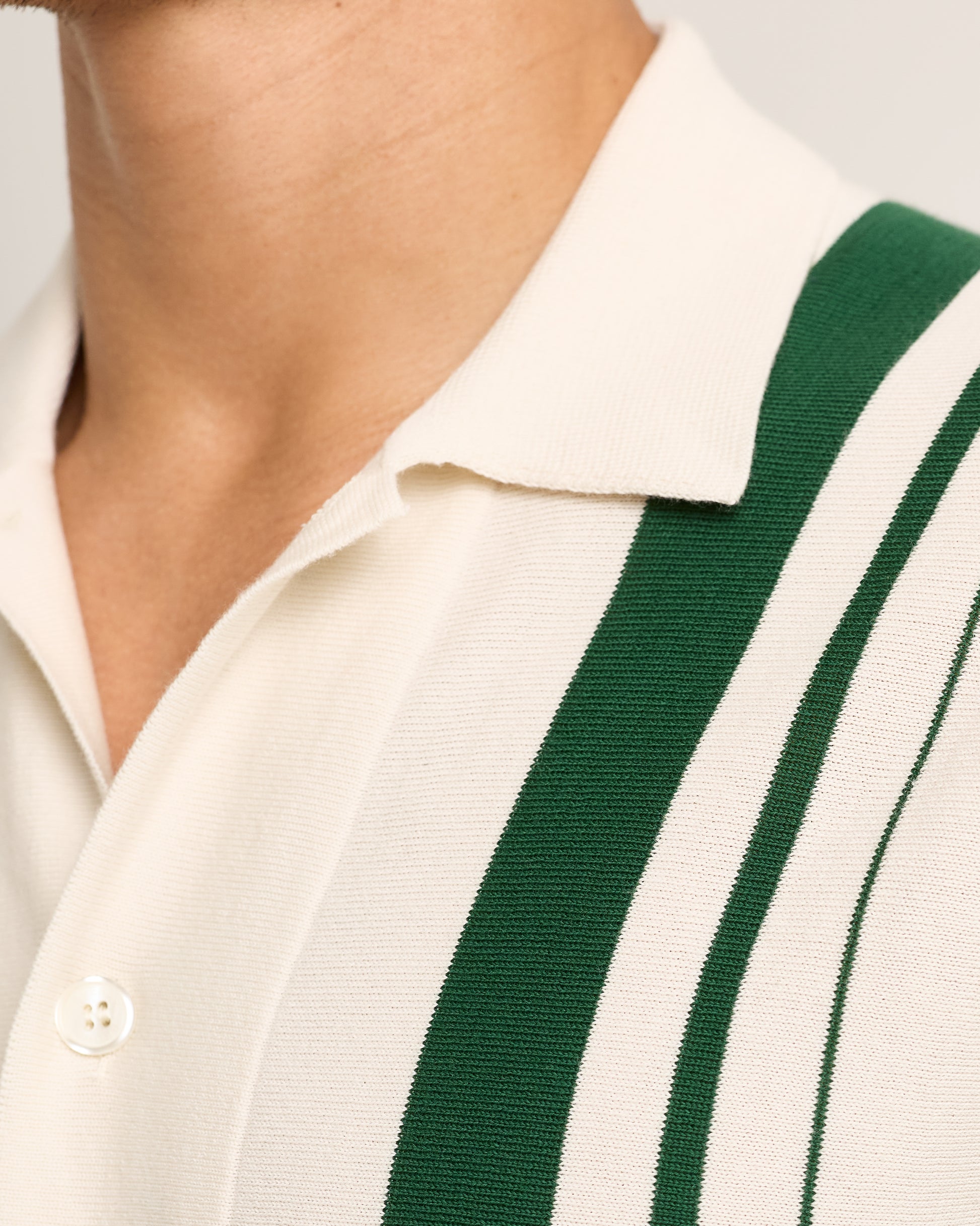 Close-up of a person wearing a white shirt with green stripes.