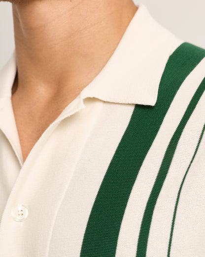 Close-up of a person wearing a white shirt with green stripes.