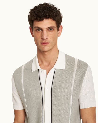 Tiernan - 3-Colour Stripe Classic Fit Organic Cotton Shirt Knitted In Italy in White/Oyster Grey/Night Iris colours Detail