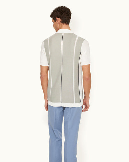 Tiernan - 3-Colour Stripe Classic Fit Organic Cotton Shirt Knitted In Italy in White/Oyster Grey/Night Iris colours Model Back