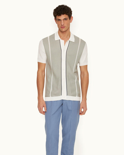 Tiernan - 3-Colour Stripe Classic Fit Organic Cotton Shirt Knitted In Italy in White/Oyster Grey/Night Iris colours Model Front