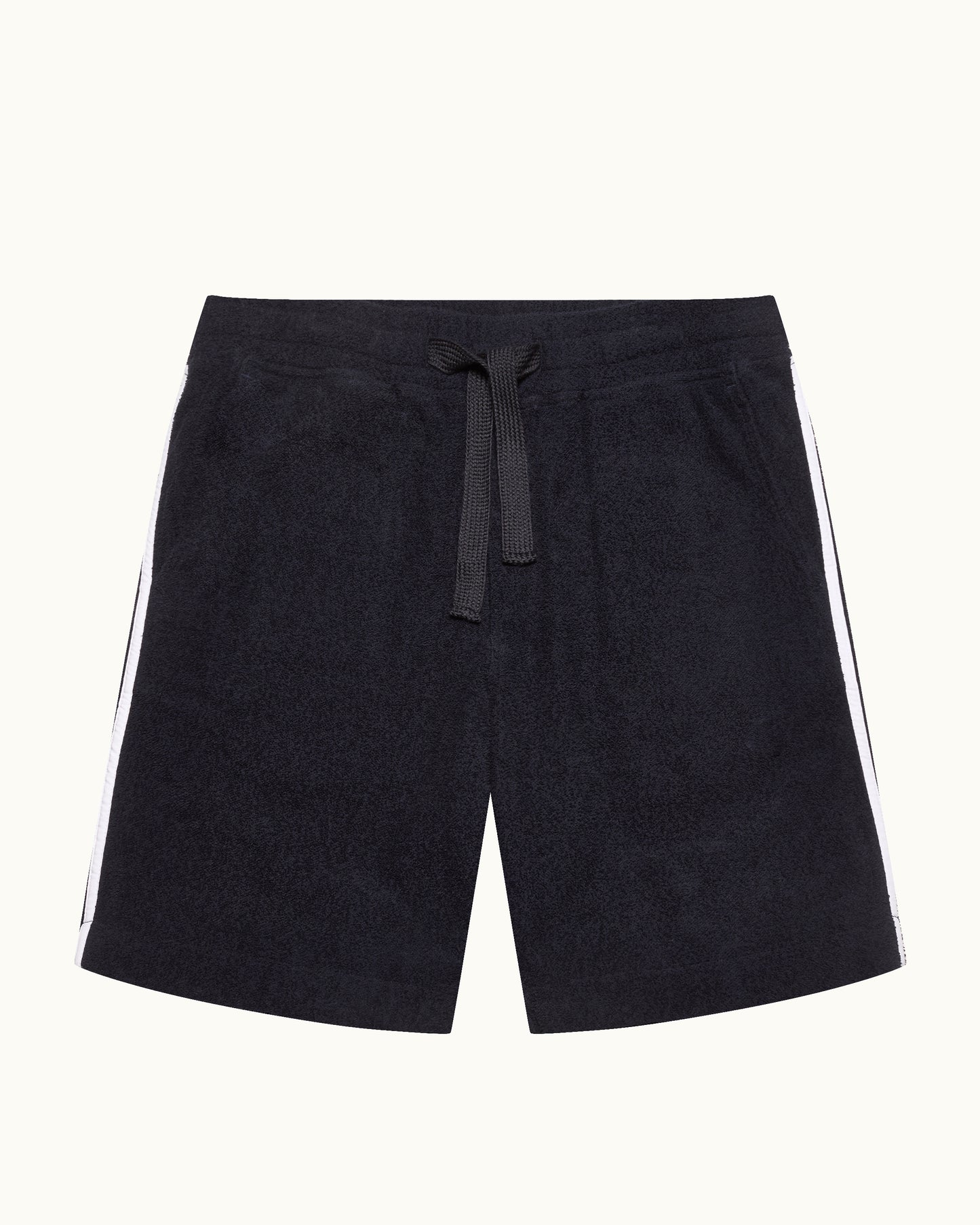 Black shorts with white stripes on a white background