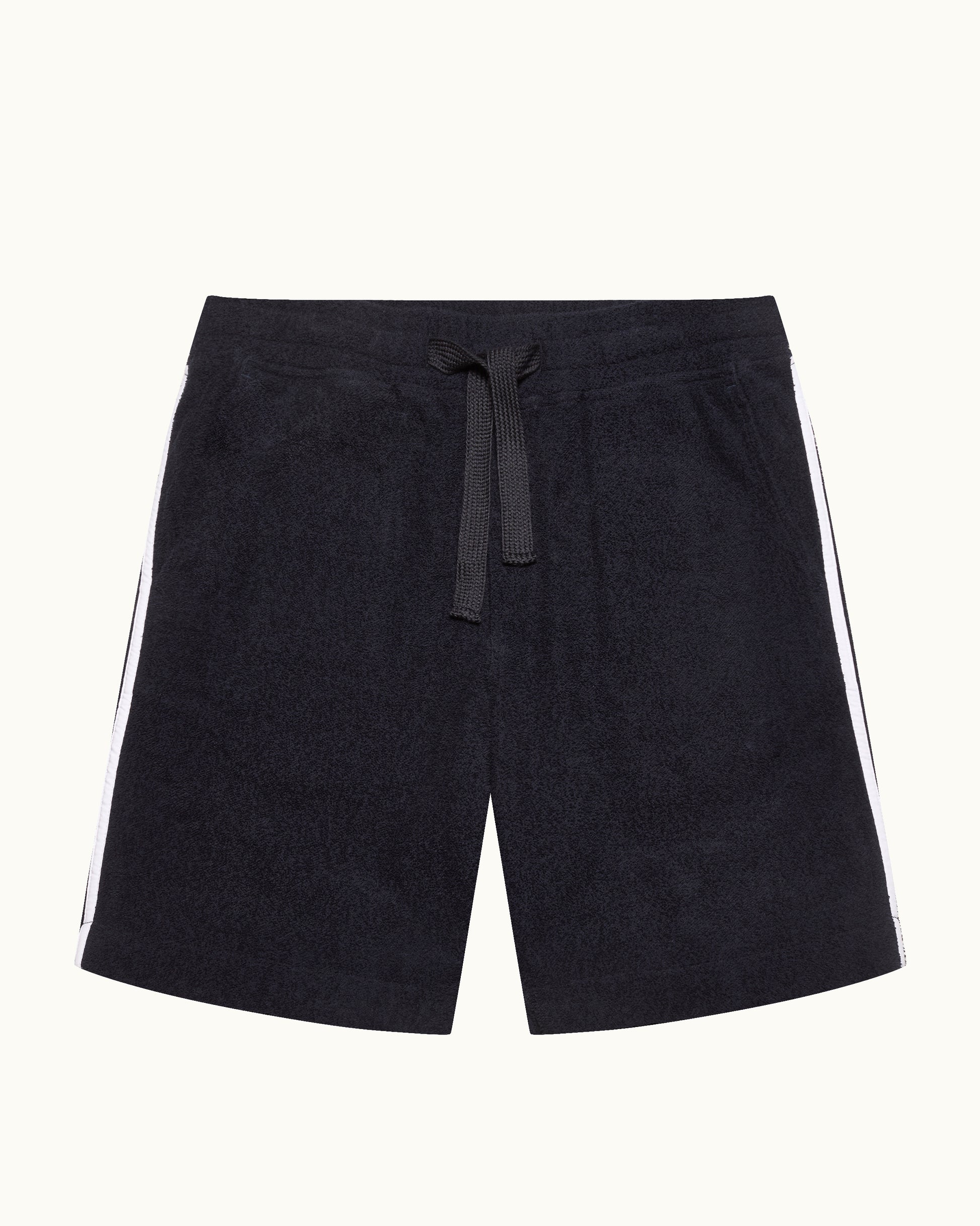 Black shorts with white stripes on a white background