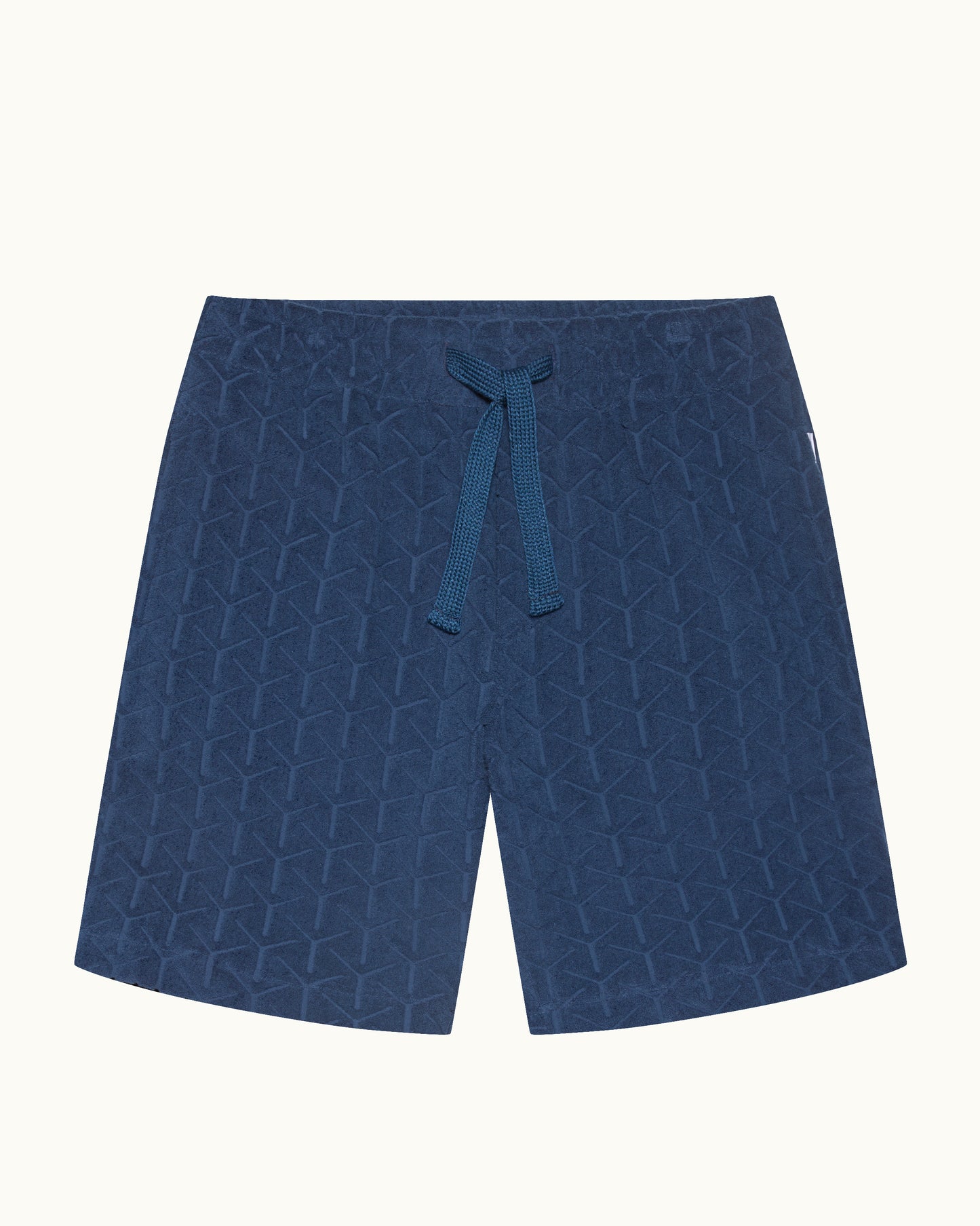 Blue shorts with a geometric pattern on a white background