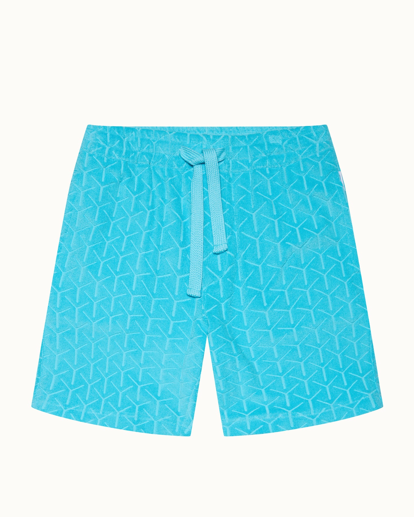 Blue patterned shorts with a drawstring on a white background