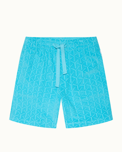 Blue patterned shorts with a drawstring on a white background