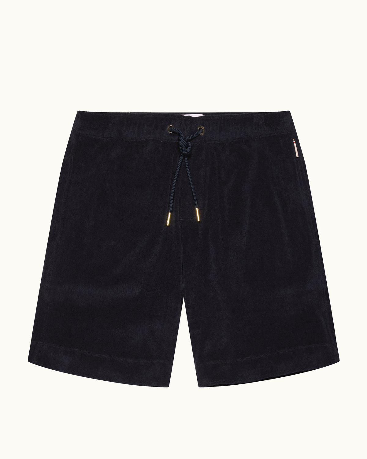 Navy towelling sweat shorts with drawstring waist on a plain background