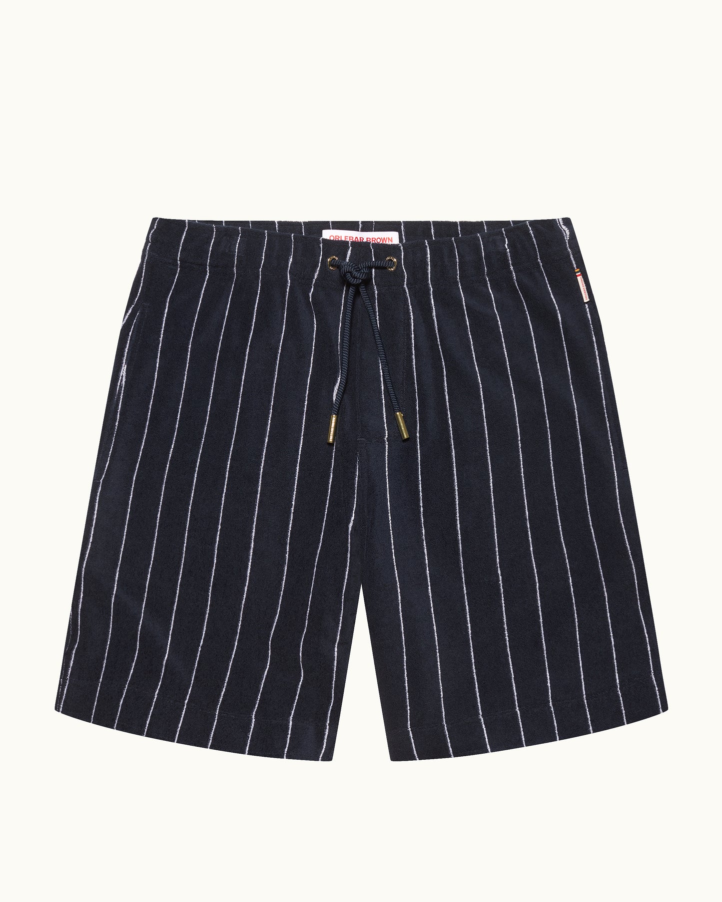 Navy pinstripe shorts on a white background