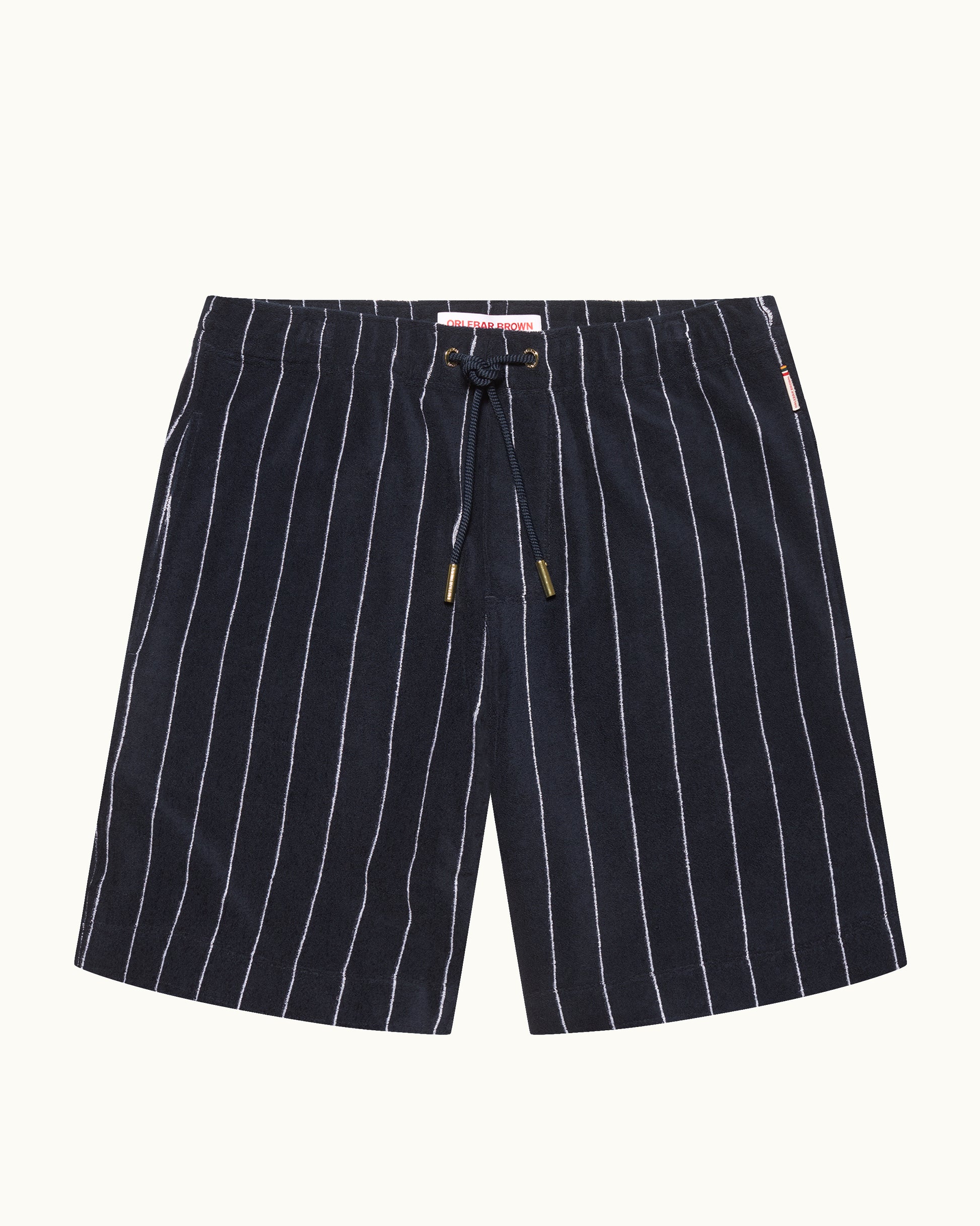 Navy pinstripe shorts on a white background