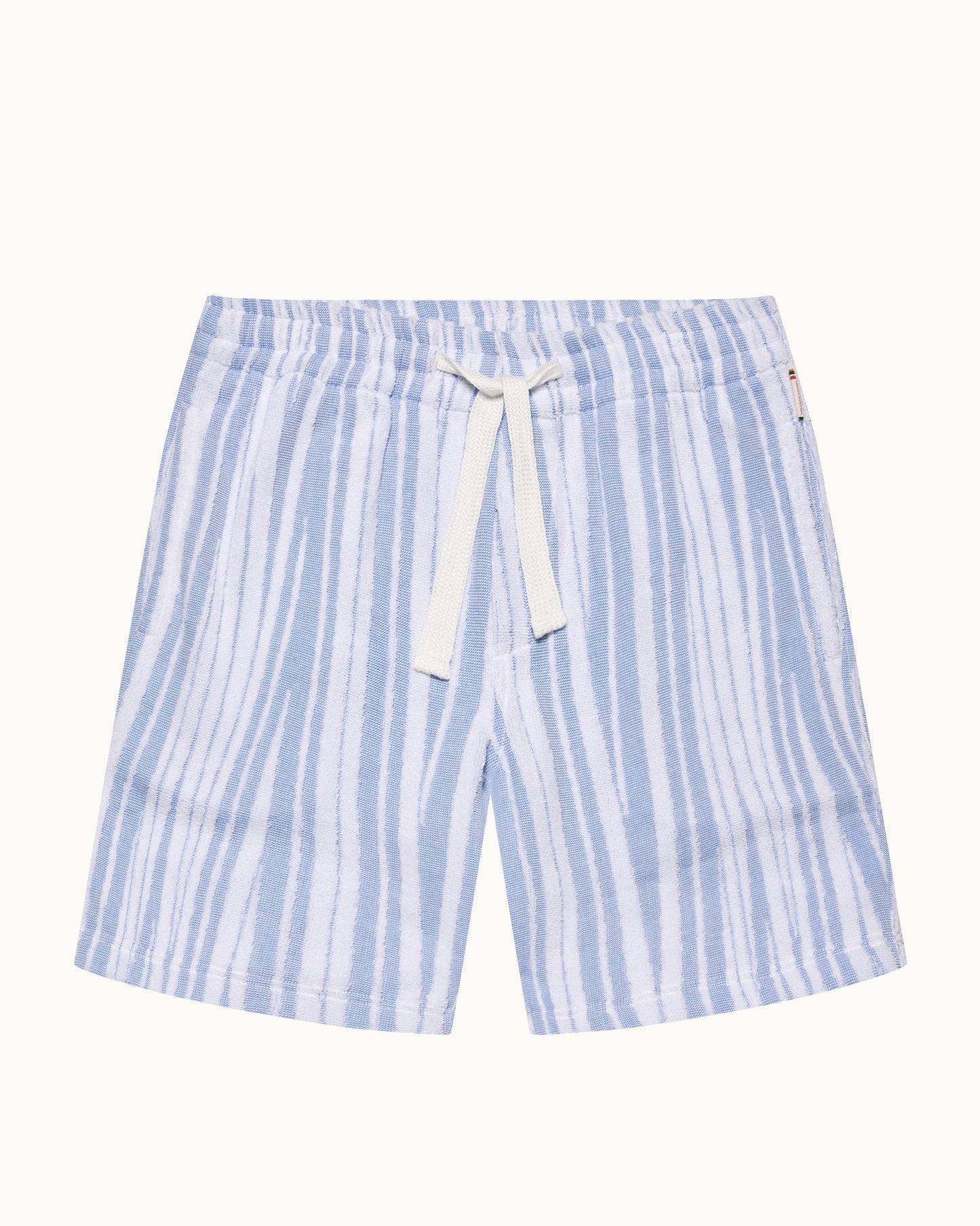 Blue and white striped shorts with a drawstring on a white background