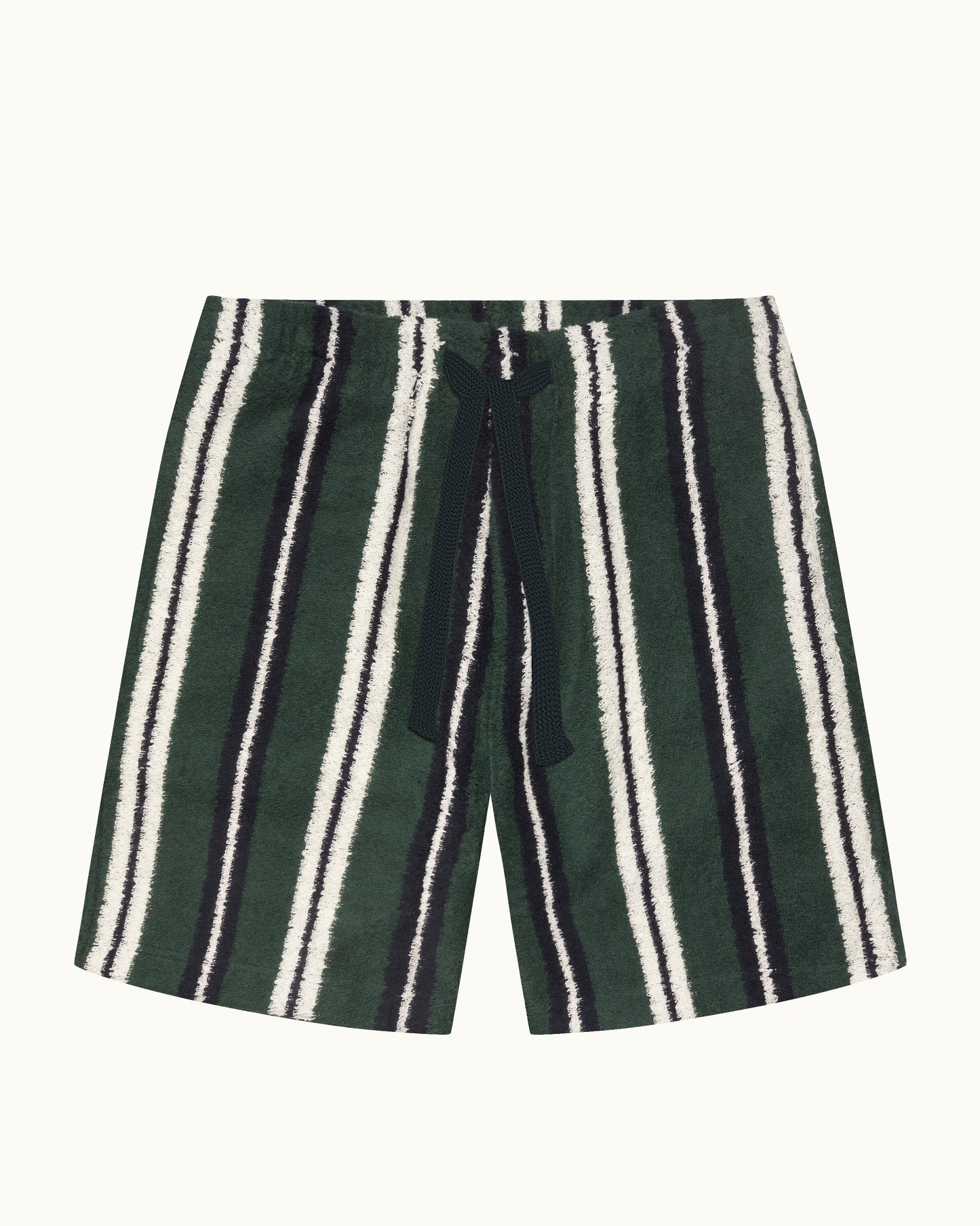 Green and white striped shorts on a white background