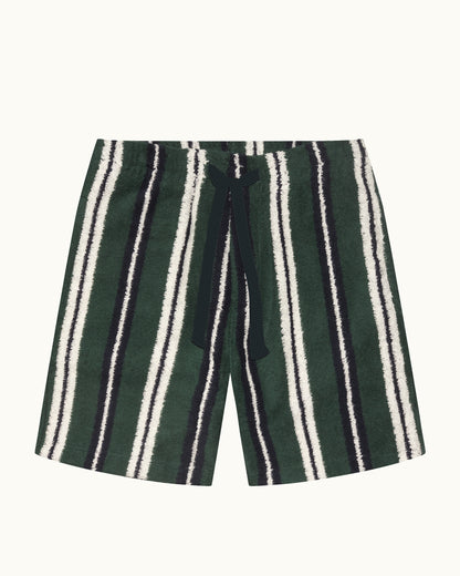 Green and white striped shorts on a white background