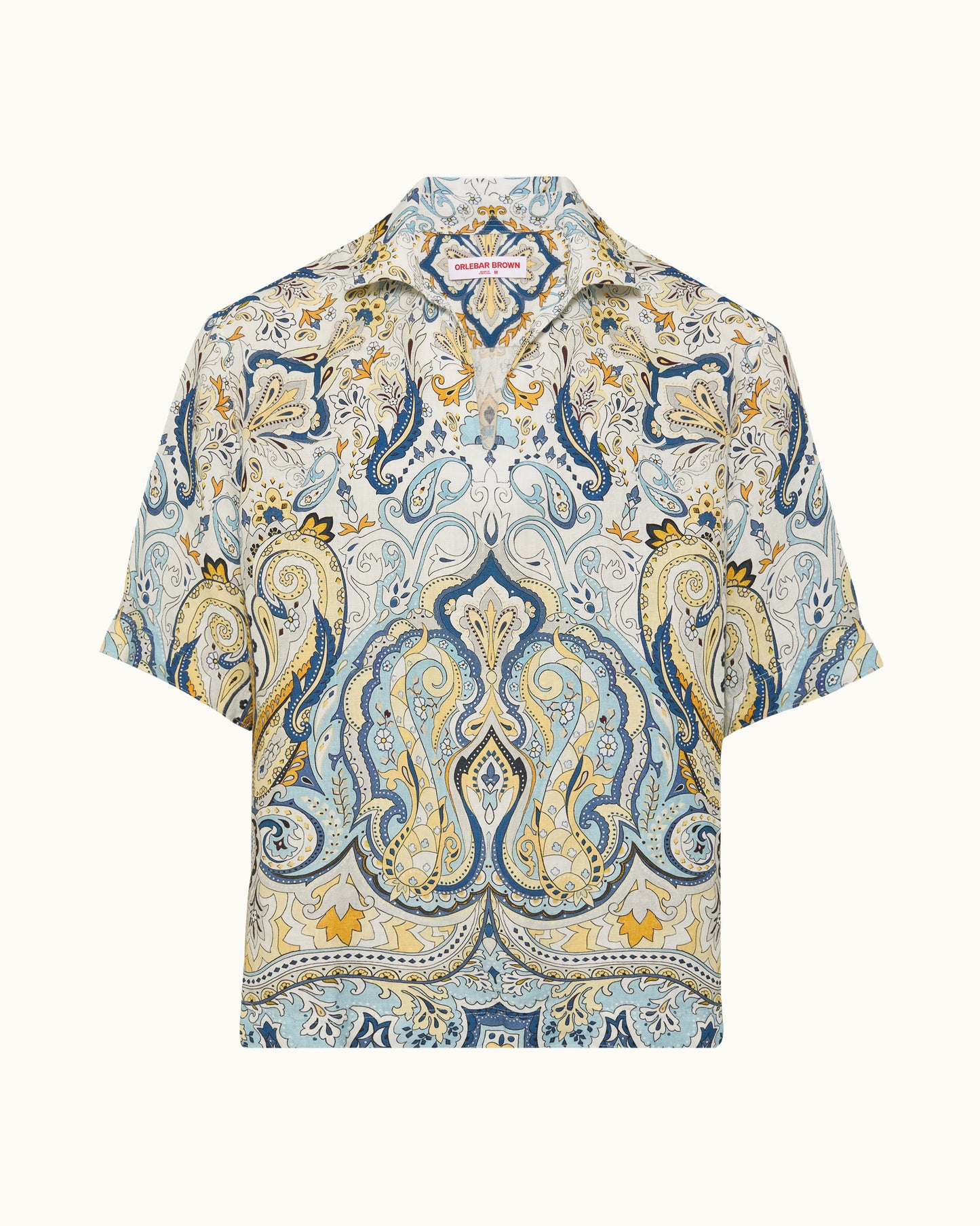 Short-sleeve shirt with a paisley pattern on a white background