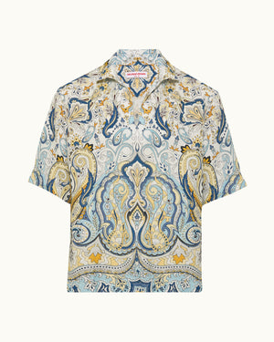 Short-sleeve shirt with a paisley pattern on a white background