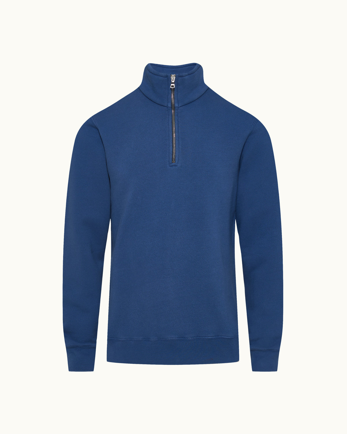 Dark blue quarter zip sweatshirt on a plain background