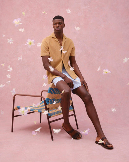 Howell Towelling - Mens Relaxed Fit Capri Collar Cotton Towelling Shirt In Biscuit Colour Campaign Image