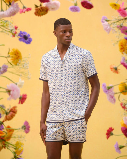 Hibbert - Mens Fiore Print Classic Fit Capri Collar Shirt In Cashew Colour Campaign Image