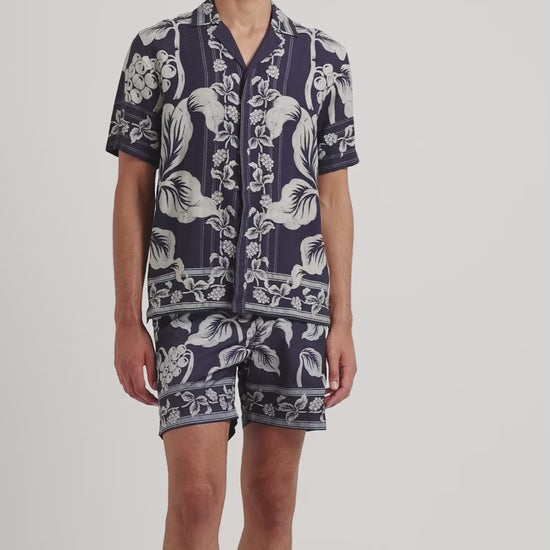 Man wearing floral print navy and white shirt with matching swim shorts on a plain background