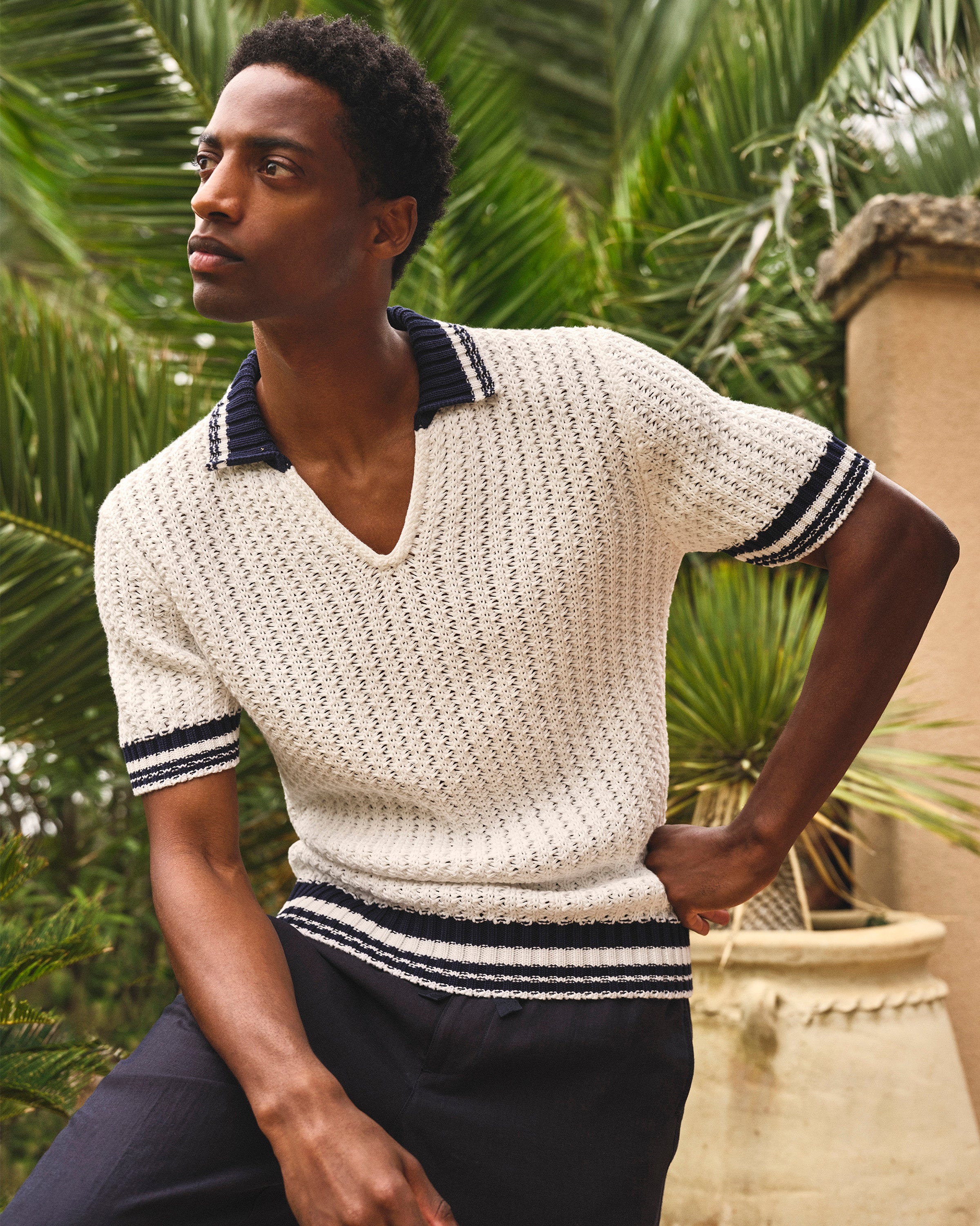 Orlebar Brown| Classic Fit Knitted Crochet Polo In White Sand And